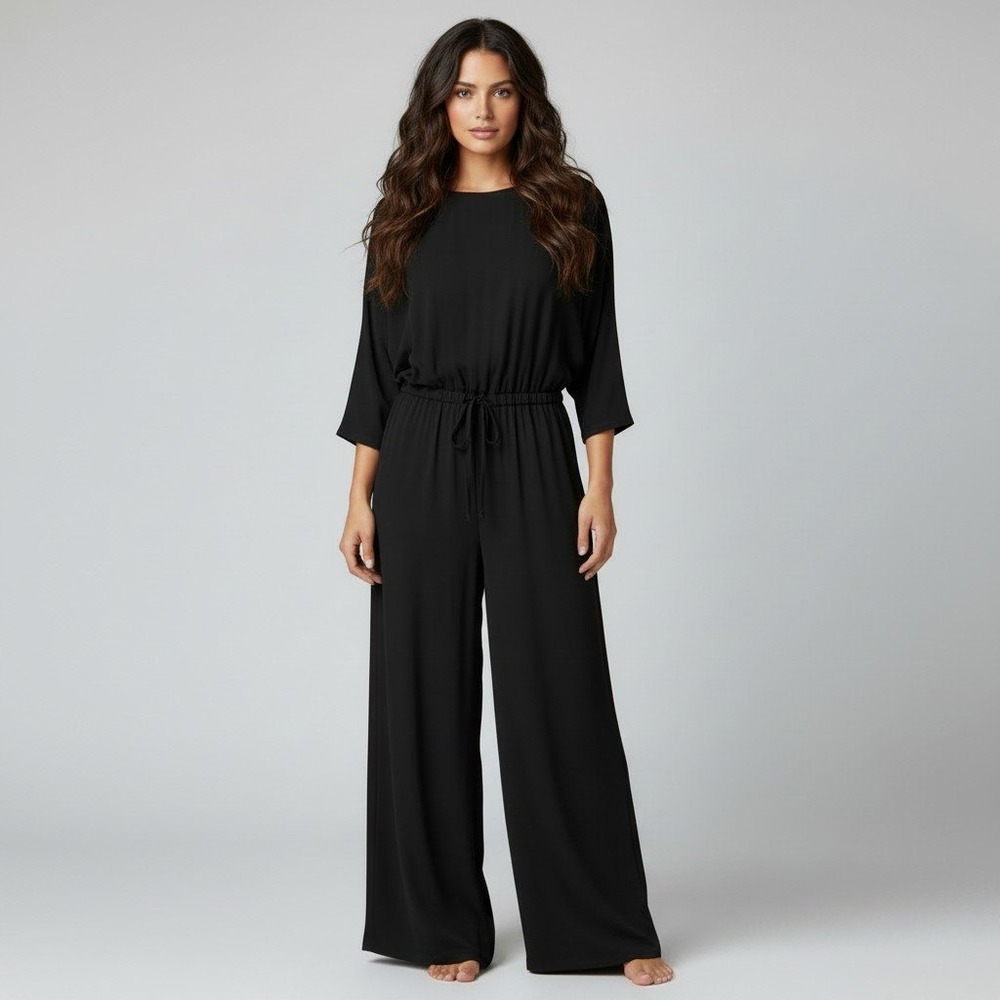 J.McLaughlin Bacall Jumpsuit Black 100% Silk Wide Leg Long Sleeve Size Small NEW